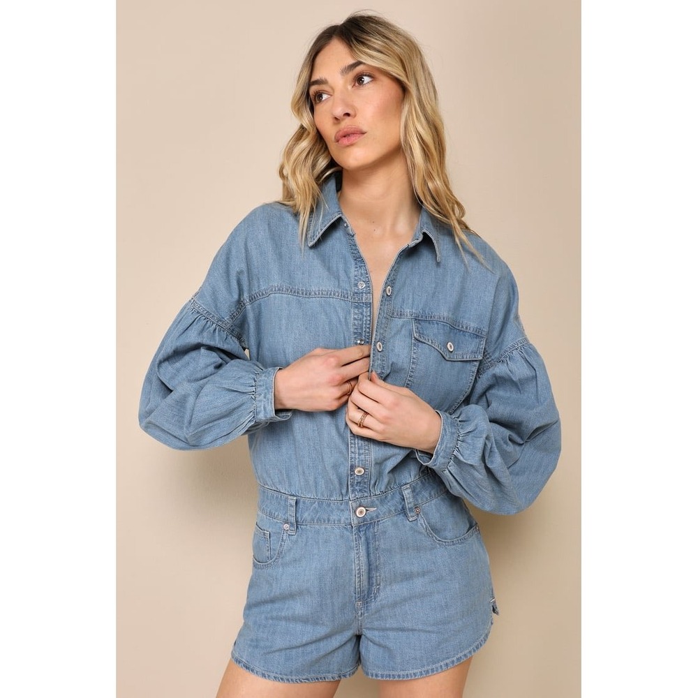 Free People Zodiac Medium Wash Chambray Balloon‎ Sleeve Romper Small